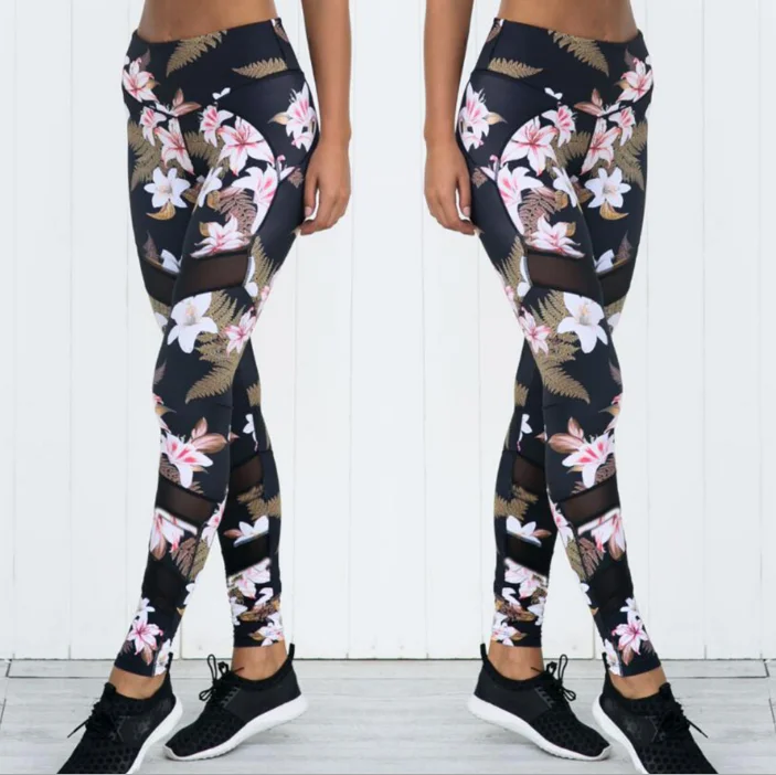 

Women's Floral Mesh Leggings Sexy See Through Yoga Pants Flower Pattern Running sportswear, As pictires