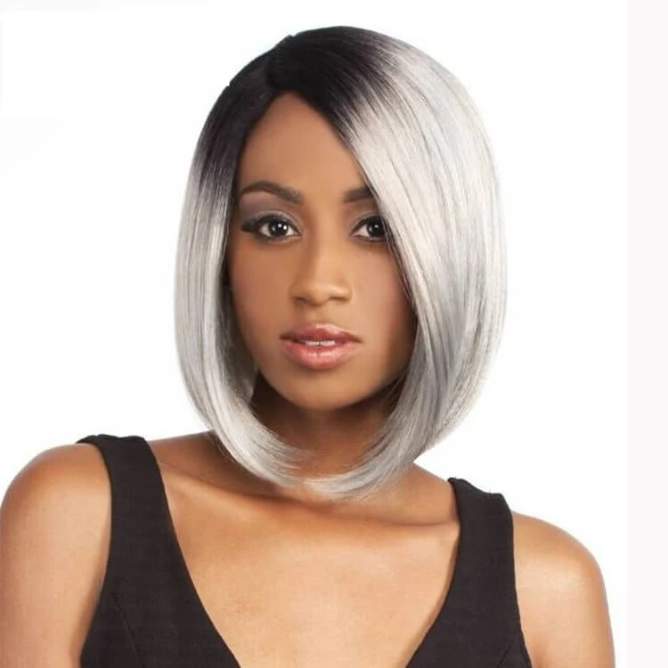 

Brazilian Human Hair 1B Ombre Grey Red Blonde Straight Lace Virgin Bob Wig With Bang, Natural Black Short Wig for Black women
