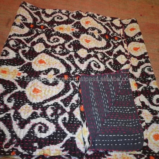 Traditionele Handgemaakte Queen Size zwart veelkleurig Ikat Print Quilt zwart-wit Kantha Gewatteerde Spreien 100% Katoen Quilt