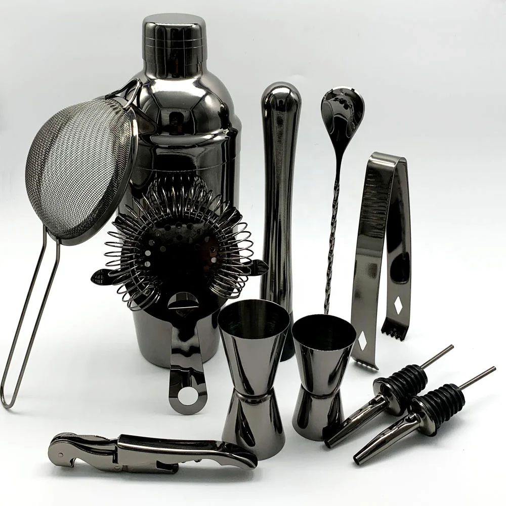 
High Quality Unique Custom Logo Perfect Home Bar Gun Metal Shine Matt Black color plated Stainless Steel Cocktail Shaker set 
