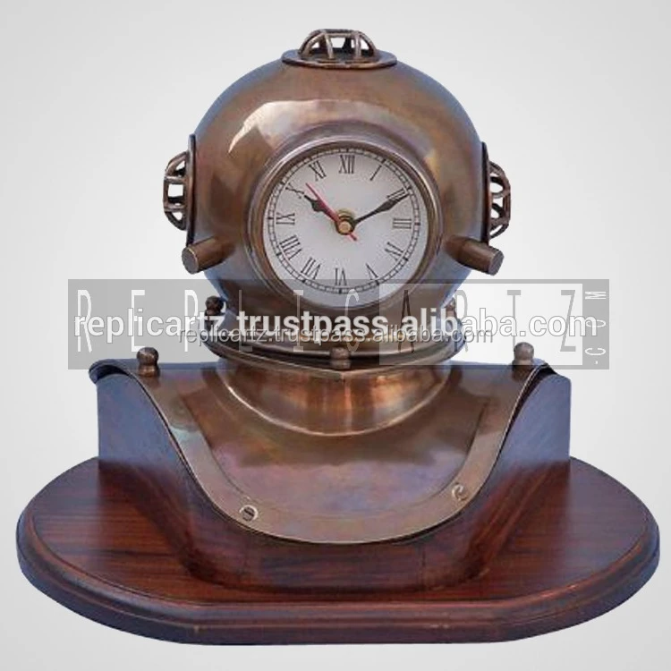 Vintage Divers Helmet Clock on Wood Base, Antique Brass Clock Diving Helmet