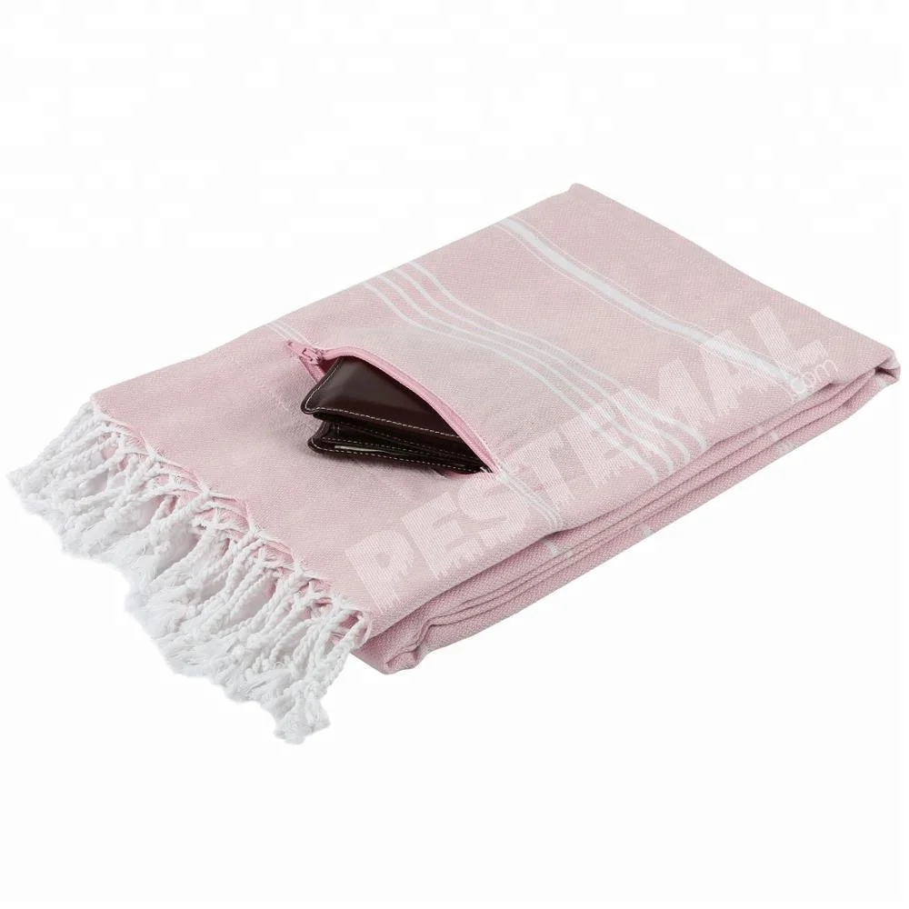
Multiple Use High-Quality Pestemal Beach Bath Towel with Rare Design and Zipper Pocket for Private Items on Poolside %100 Cotton 