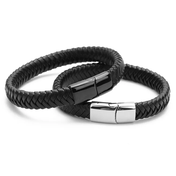 

Lingsai wholesale price fashion black silver stainless steel magnetic clasp leather bracelet for men jewelry