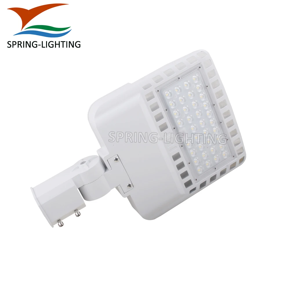 LED DLC Parking Lot Lights 100W 150W White Color Shoe Box Street Lighting with Adjustable Slip Fitter Brackets for Square Pole