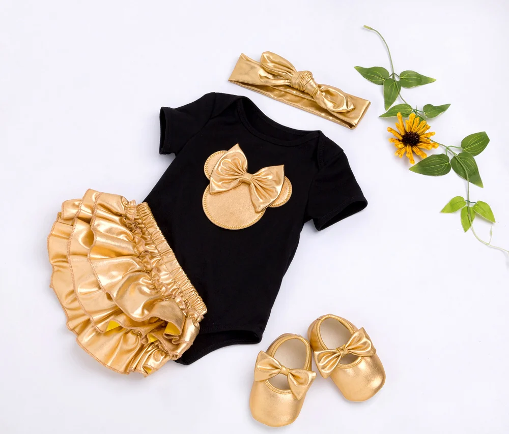 Baby Girl Clothes 4pcs Clothing Sets Black Cotton Rompers Golden Ruffle Bloomers Shorts Shoes Headband Newborn Clothes