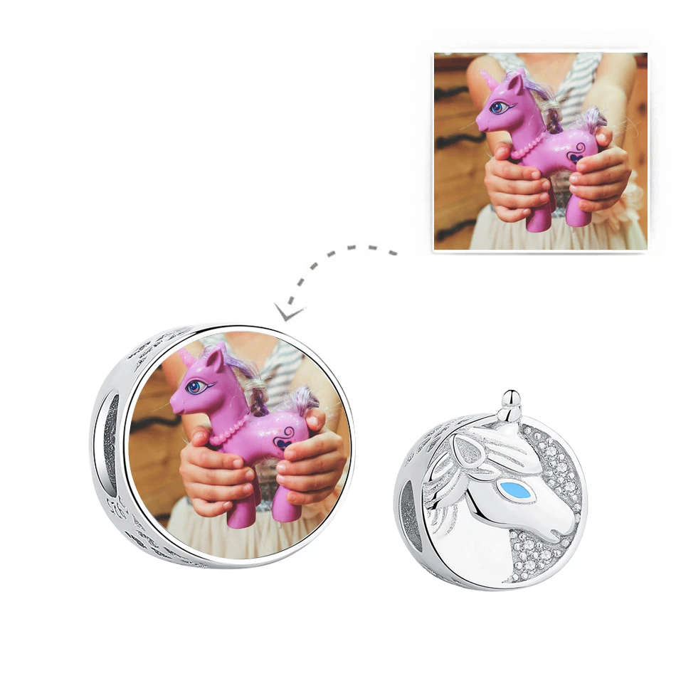 

925 Sterling Silver Charm Customized Picture Unicorn Round Charm Beads For Women Bracelet Jewelry Making