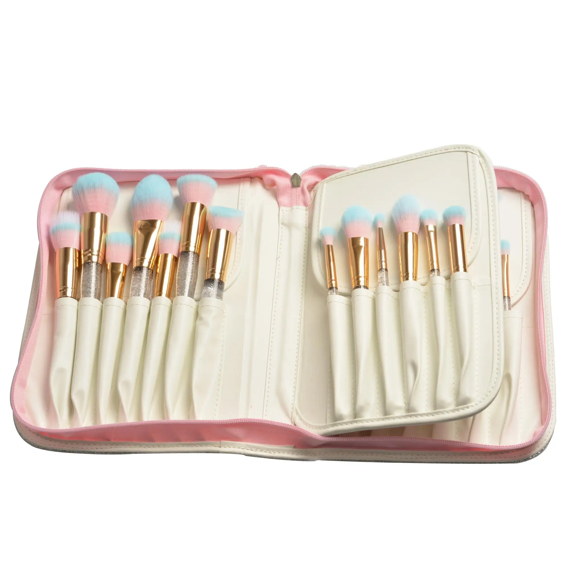 

13pcs lovely pink hair blue on top transparent glitter makeup brush with suitable bag