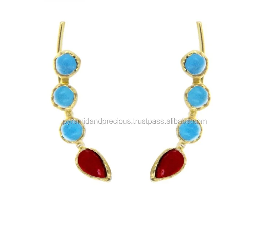 Red Dyed Ruby Handmade Jewelry Dyed Emerald Brass Metal Earring 1.5 Turkish Style