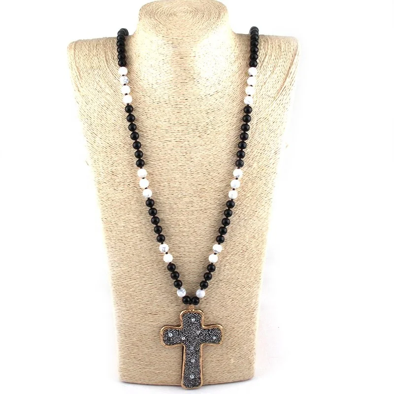 

Fashion Bohemian Tribal Jewelry  Mala Stones Necklace Long Knotted Stone Cross Pendant Necklaces Women, 2 color