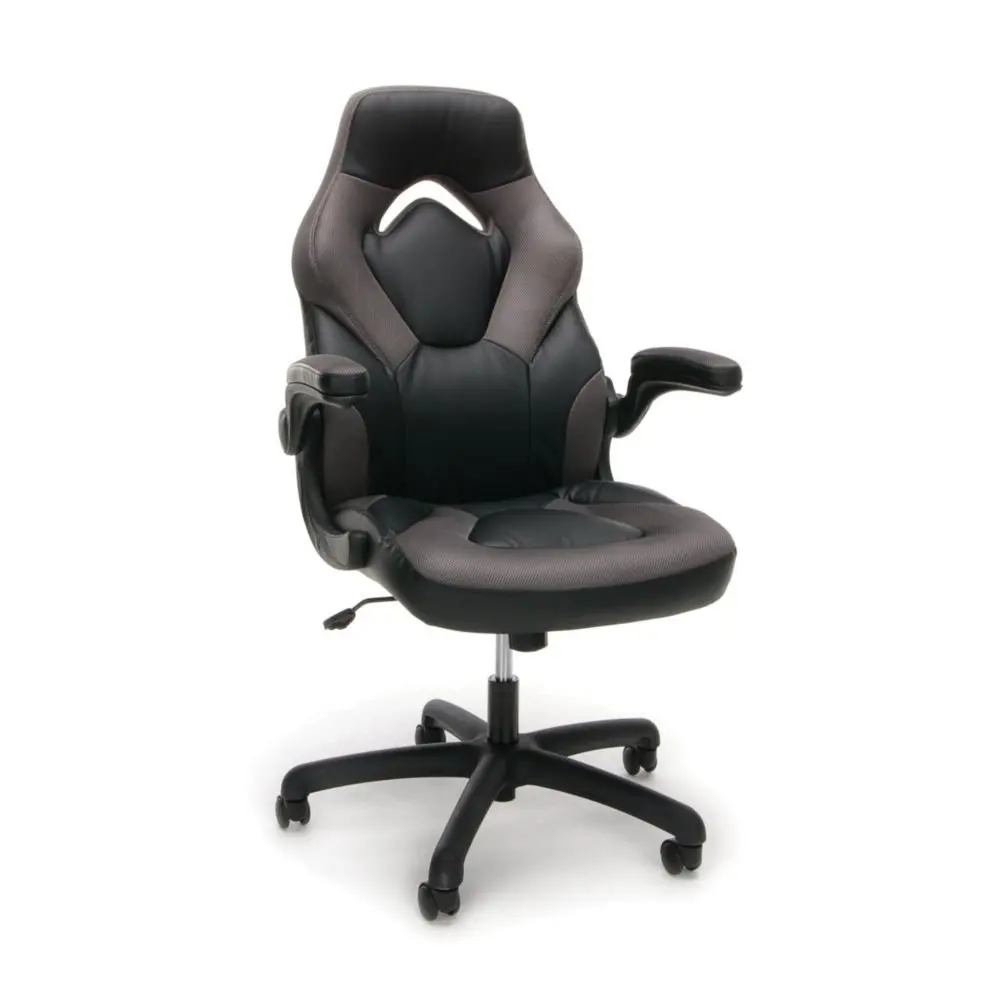 Essentials High Back Gaming Chair in Faux Leather Dimensions: 28.125"W x 29.25"D x 44.50"H Seat Dimensions: 20"Wx18.875"Dx17-20.75"H Black Faux Leather/Gray Fabric/Black Base