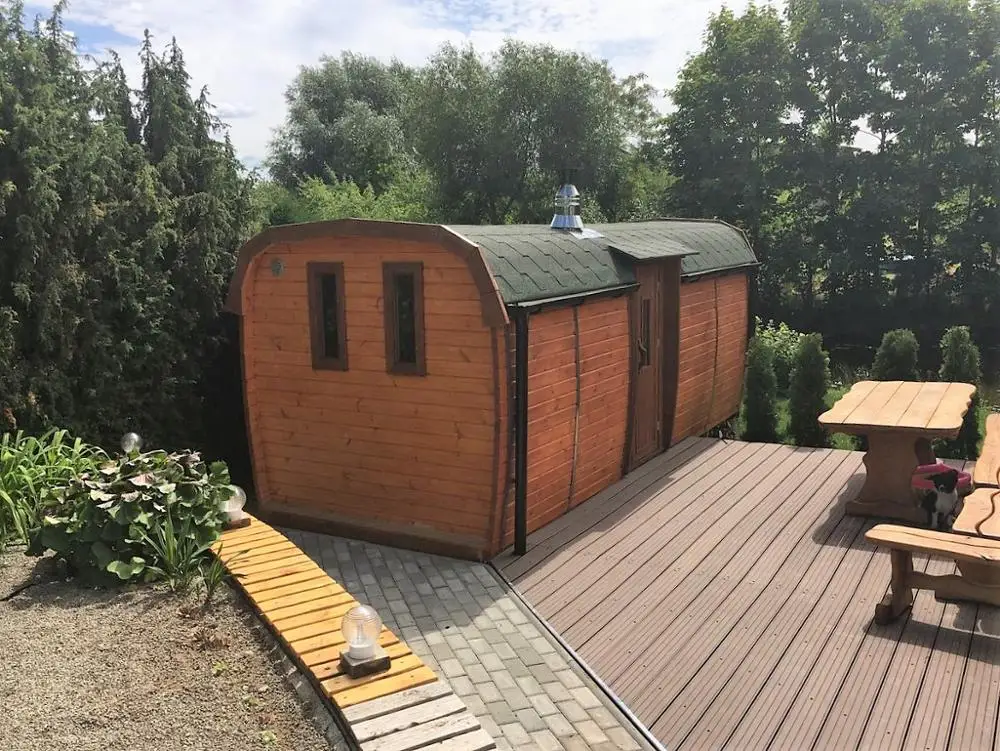 
2018 Design Prefab Wooden Outdoor Sauna Barrel Fass Sauna Bus 