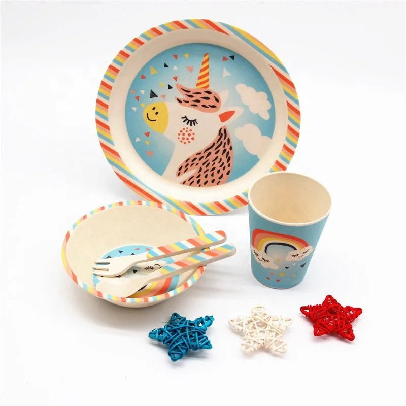 

New 5 Pcs/set Baby Feeding Tableware Set Bamboo Fiber Children Dinnerware Cartoon Baby Dishes Training Bowl With Cup Fork Spoon, Customized color