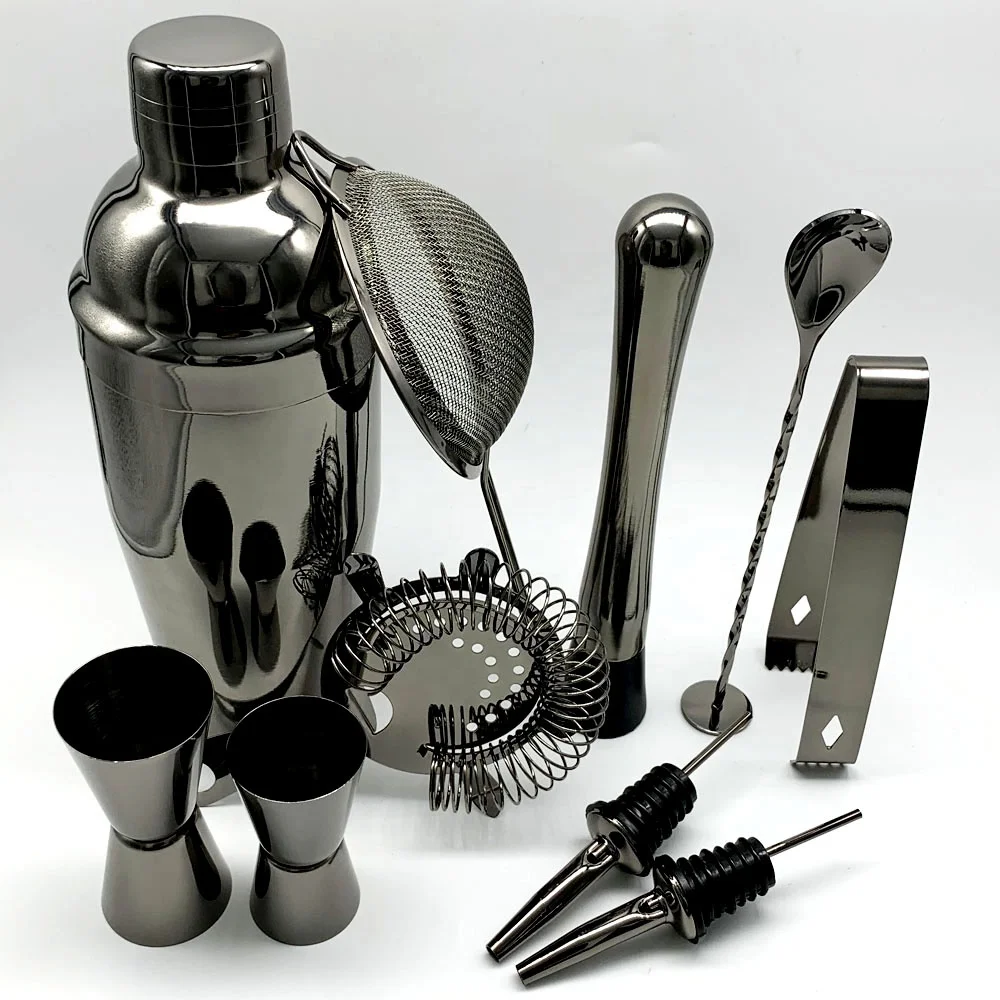 
High Quality Unique Custom Logo Perfect Home Bar Gun Metal Shine Matt Black color plated Stainless Steel Cocktail Shaker set 