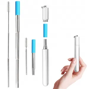 Image of Portable telescopic stainless steel metal collapsible gold drinking Straws with keychain