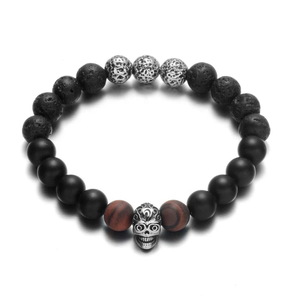 

REAMOR Natural Stone Lava Healing Stone Stretch Bracelets Stainless Steel Skull Black Onyx Beaded Men Bracelet Elastic Jewelry