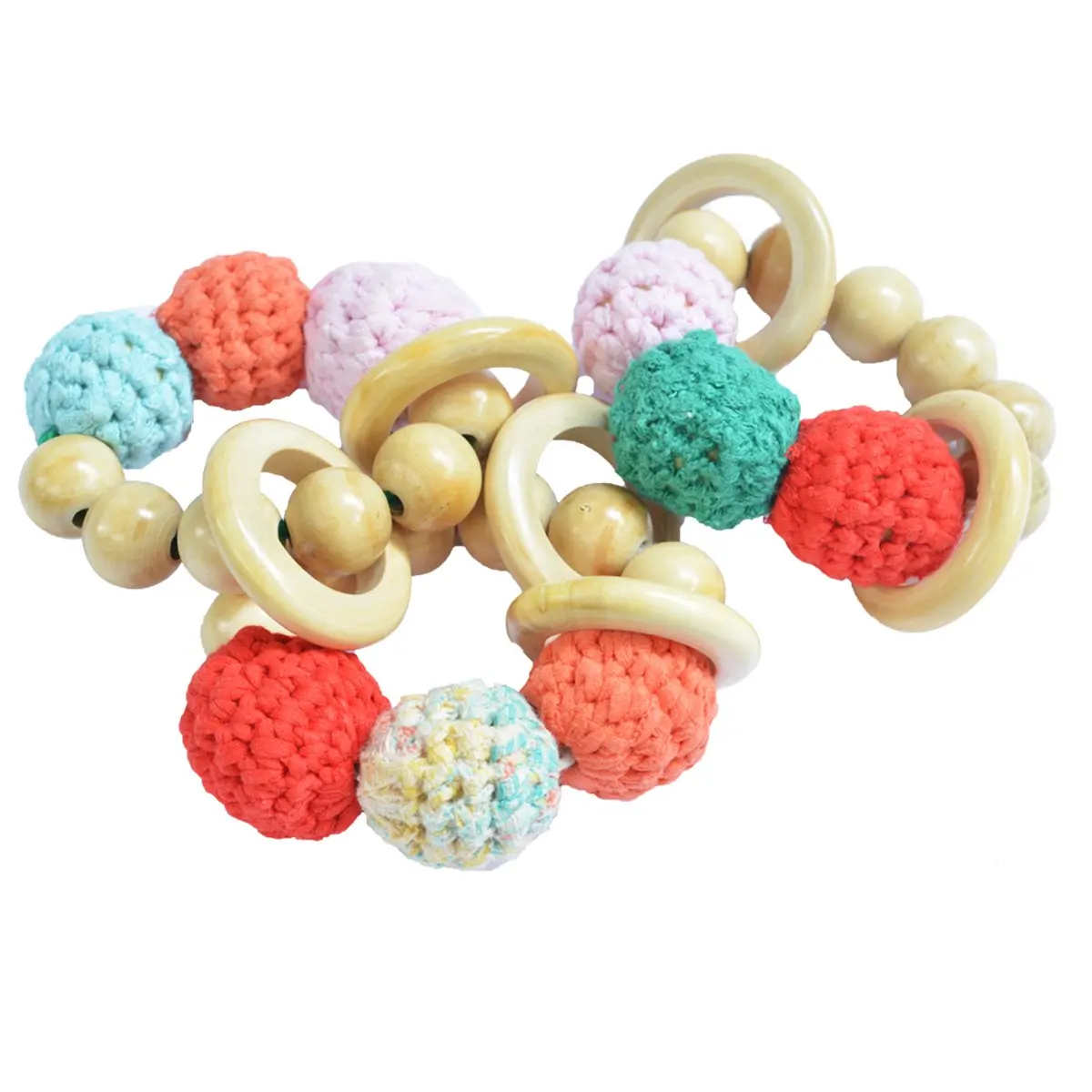 Shumee Wooden Soft Crochet Beads Chew Toy, Saliva-Proof Rattle Rings & Teether for Babies | Sensory Toy|100% Safe, Natural & Eco-Friendly |Discover Sounds| 0 - 1 Year