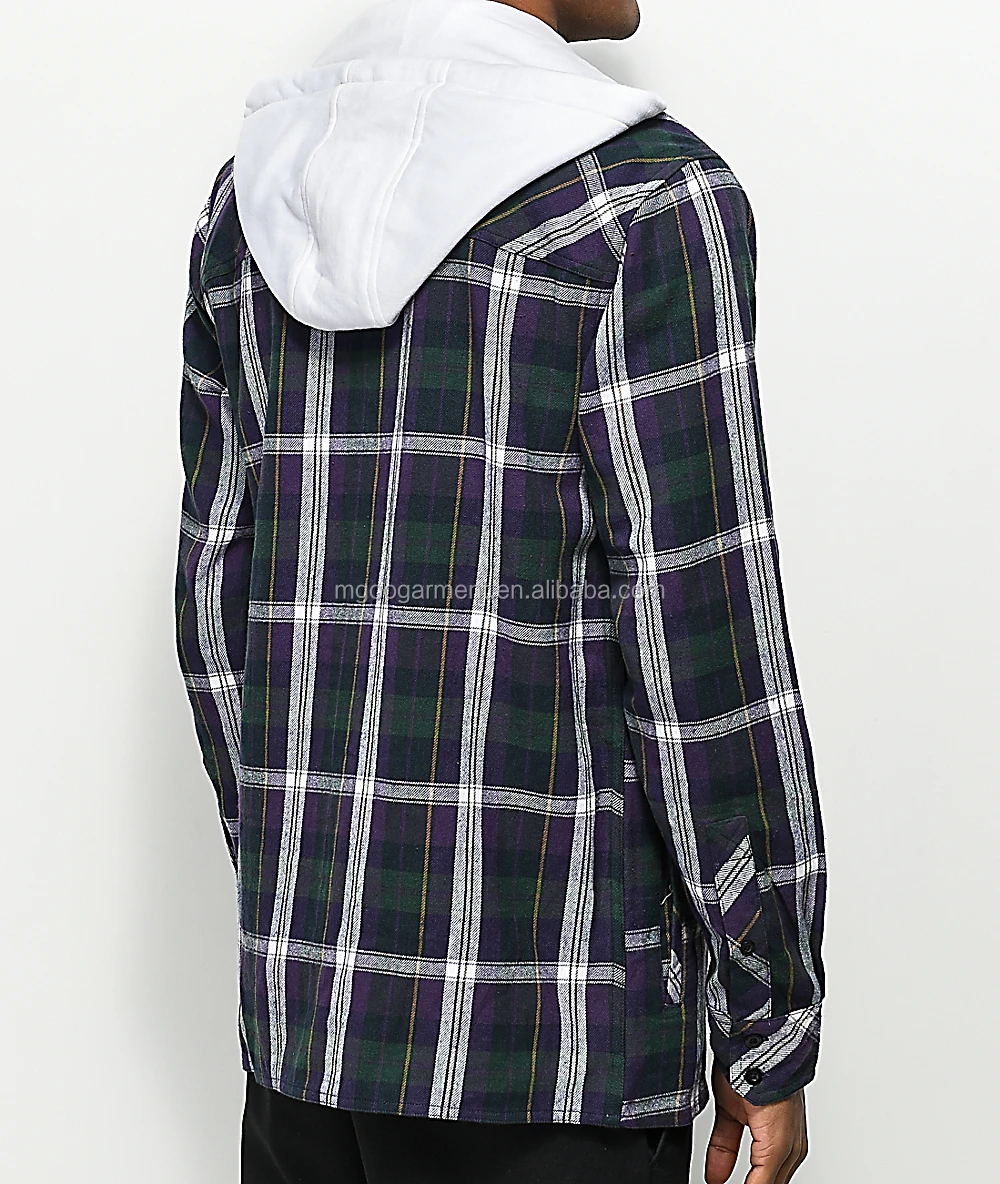 hooded flannel shirt with pockets buttom-down check shirt men