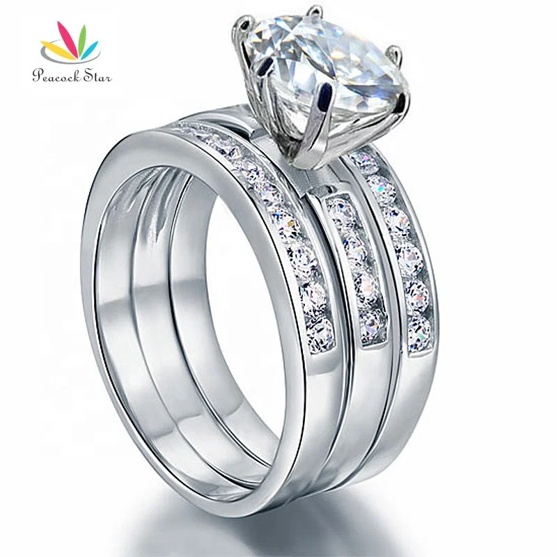 

2 Carat Round Cut Solid Sterling 925 Silver 3-Pcs Wedding Engagement Ring Set Jewelry Accept Drop Shipping, Clear white
