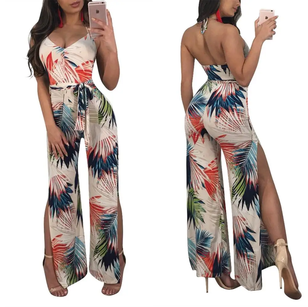 

MN061 halter open back backless floral print women sexy jumpsuit