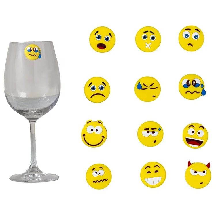 

12 pcs wine glass markers silicone emoji suck wine glass charms, Yellow