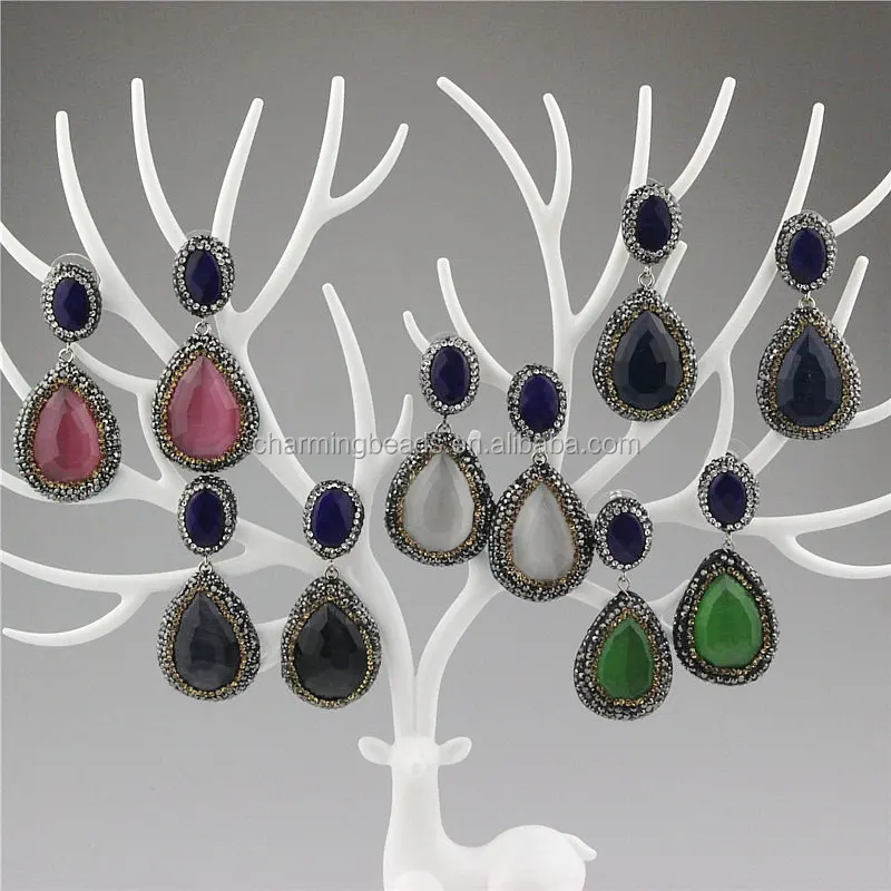 CH-ZSE0408 wholesale pave crystal connector pendant stud earring handmade,fashion stone jewelry pearl dangle earring hot sale