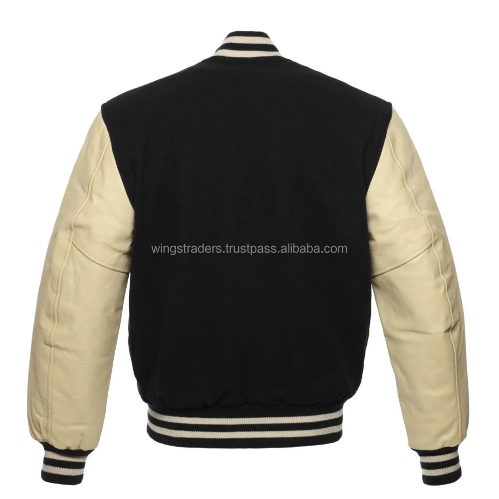 Custom Luxury Leather Sleeve Men's Wool Varsity Bomber Jacket Men With Striped Knit Cuffs Buy
