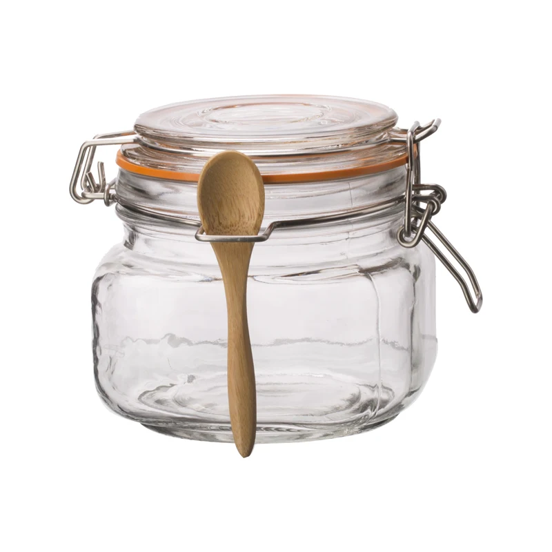 Low Moq Good Quality Glass Jar With Glass Clip Top Lid Ans Spoon 500ml Buy Glass Jar With