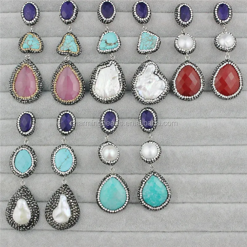 CH-ZSE0408 wholesale pave crystal connector pendant stud earring handmade,fashion stone jewelry pearl dangle earring hot sale
