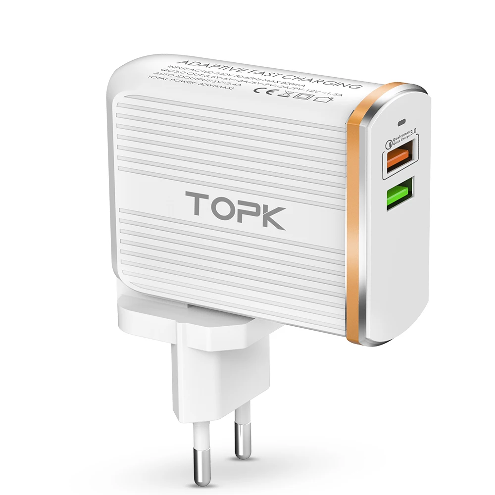 

TOPK B232Q 30W QC3.0 Dual Port USB Charger Quick Charge 3.0 2-Port Fast Mobile Phone Travel Wall Charger Adapter, White