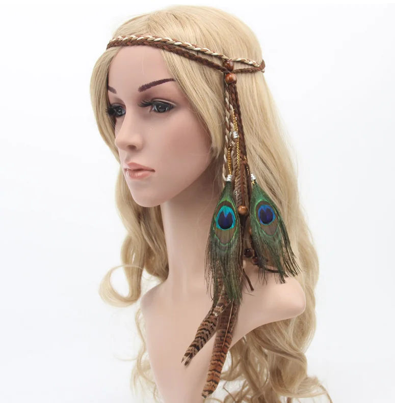Bohemian Frauenfeder Elastic Gypsy Peacock Anhänger Stirnband Haarschmuck 