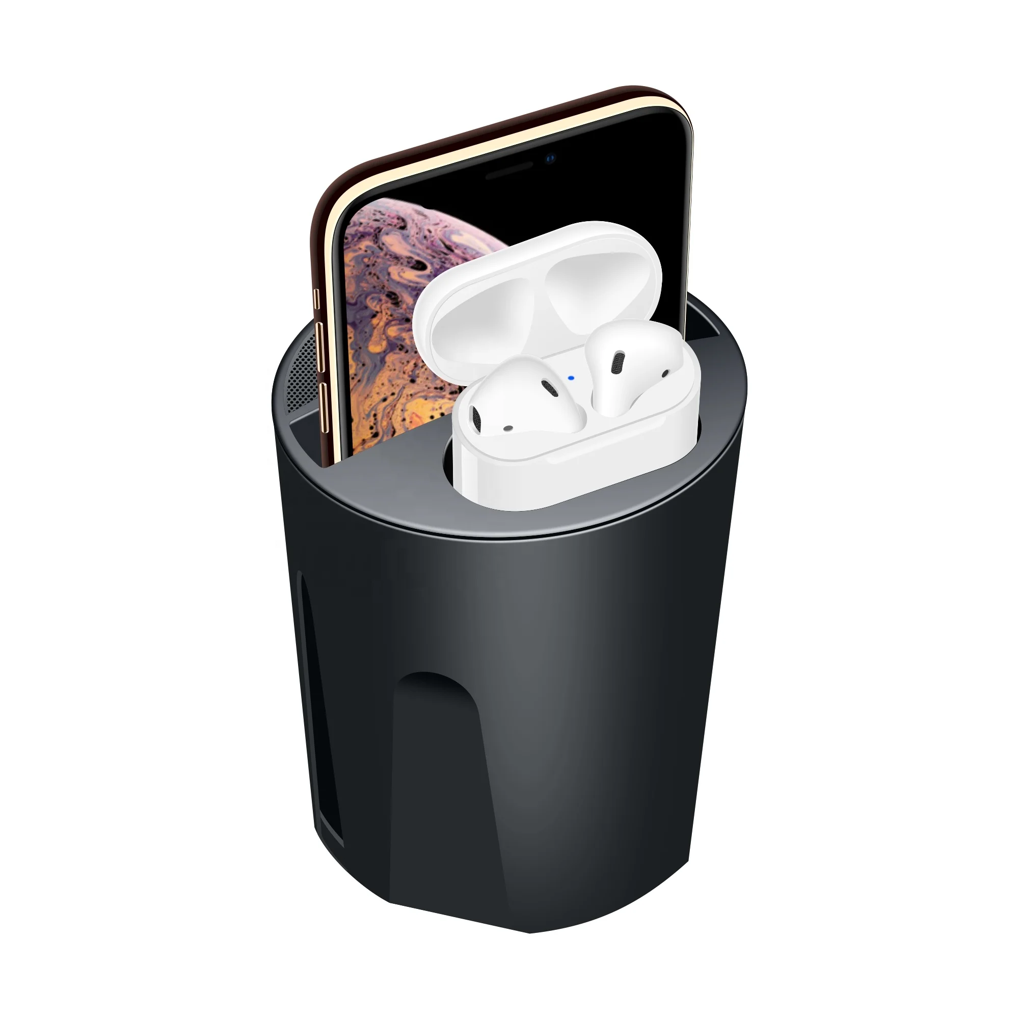 

New technology 2021 car cup wireless charger with USB type-c output for AirPods 10w Mag/safe Qi fast charging car holder, Black
