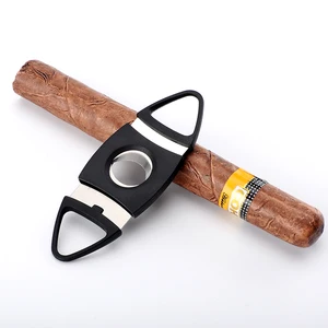 Image of triangle trick locks v cut black blade 2 finger cigar case and cutter black luxury plastic cigar cutter