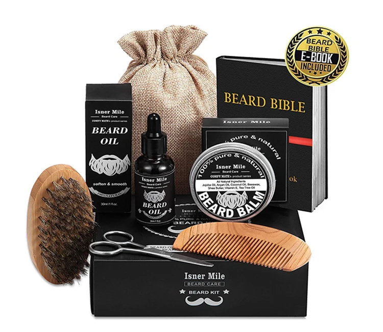 Isner Mile or Customize Private label 6 items organic beard grooming kit with beard comb and brush for beard shaper men