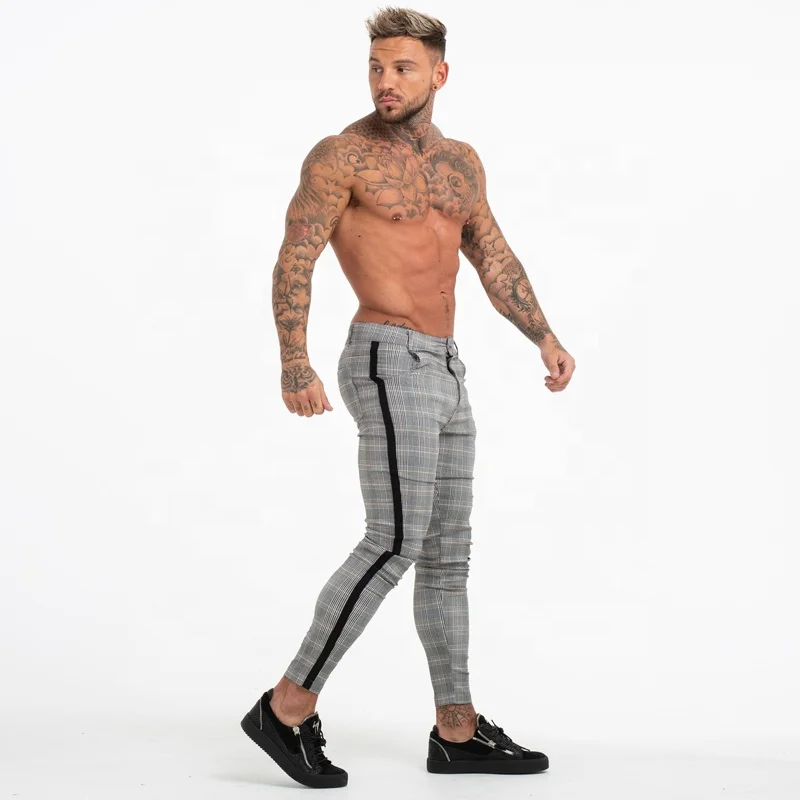 

New arrival high quality skinny check trousers with black stripe, Grey men pants