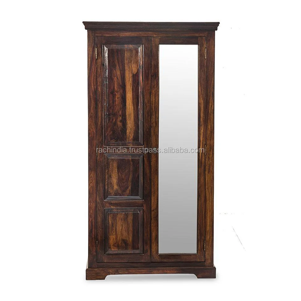 Modern Desain Kayu Solid 2 Pintu 1 Cermin Pintu Almirah Untuk