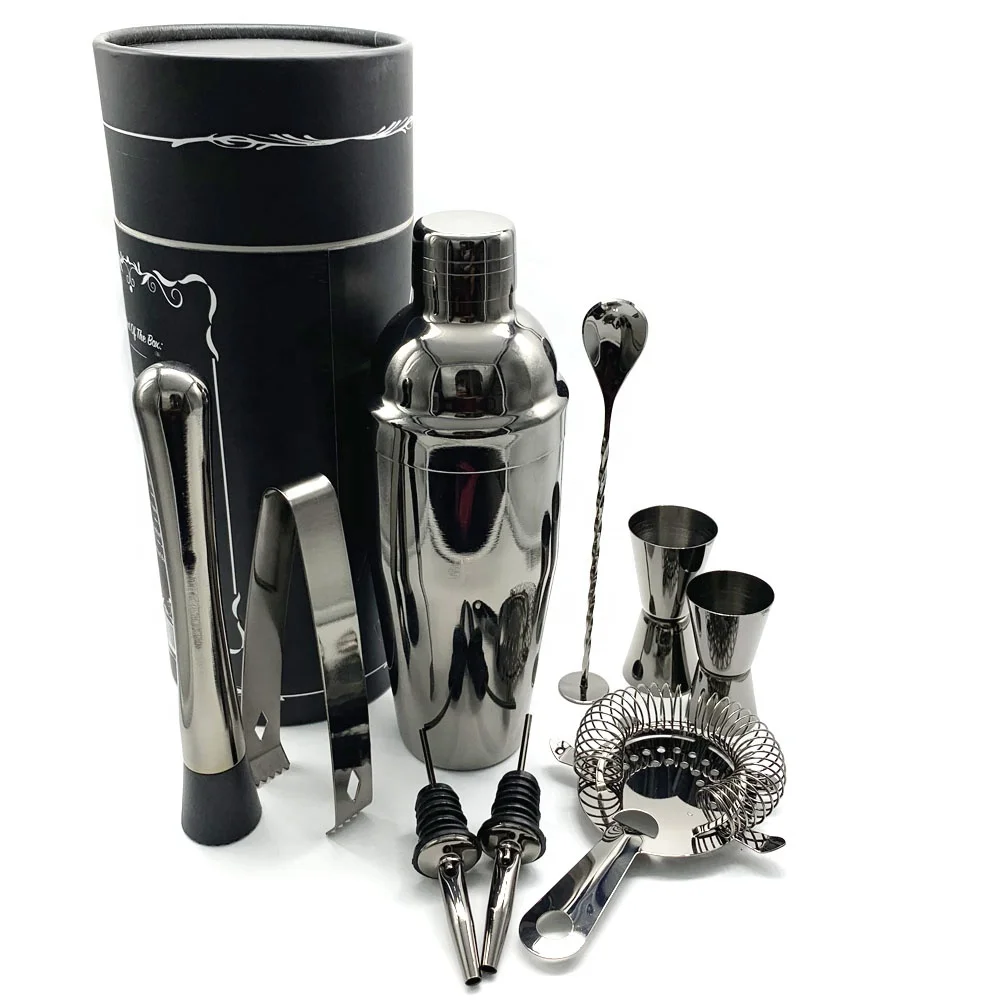 
High Quality Unique Custom Logo Perfect Home Bar Gun Metal Shine Matt Black color plated Stainless Steel Cocktail Shaker set 