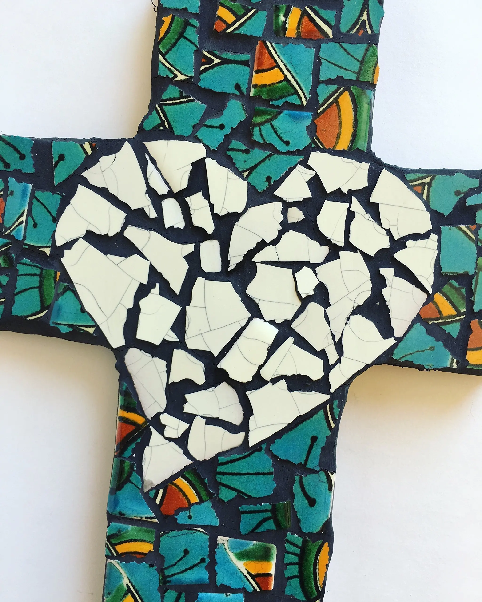 Teal Mexican Tile Talavera Wall Cross 9 inch X 6 inch Handcrafted Mosaic Ivory Heart with Teal Mexican Ceramic