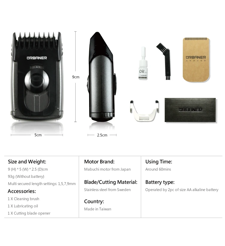 Travel Hair Trimmer Battery Operaed【URBANER】MB-045