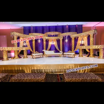 Golden Muslim Wedding Reception Stage Elegant Gold Jali Pillar