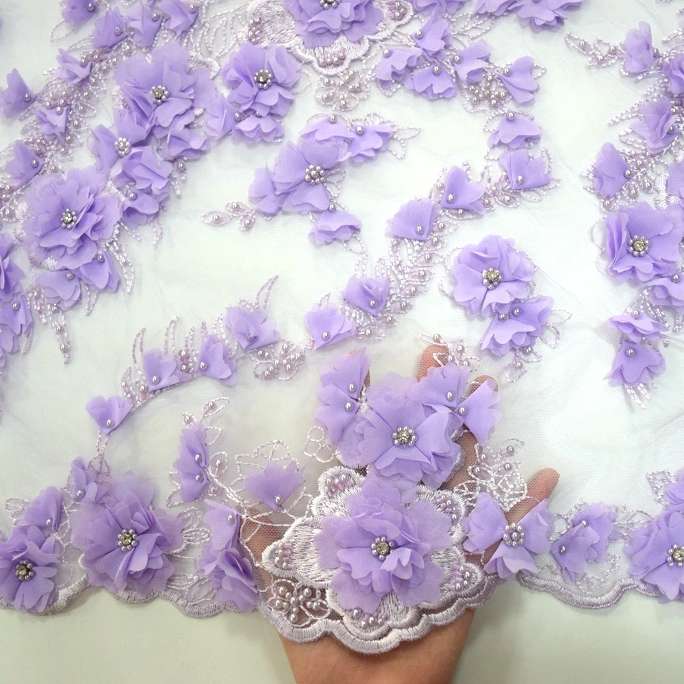 

good quality purple 3d flower pearl beads embroidery designs crystal tulle fabric HY0868-2, Blue