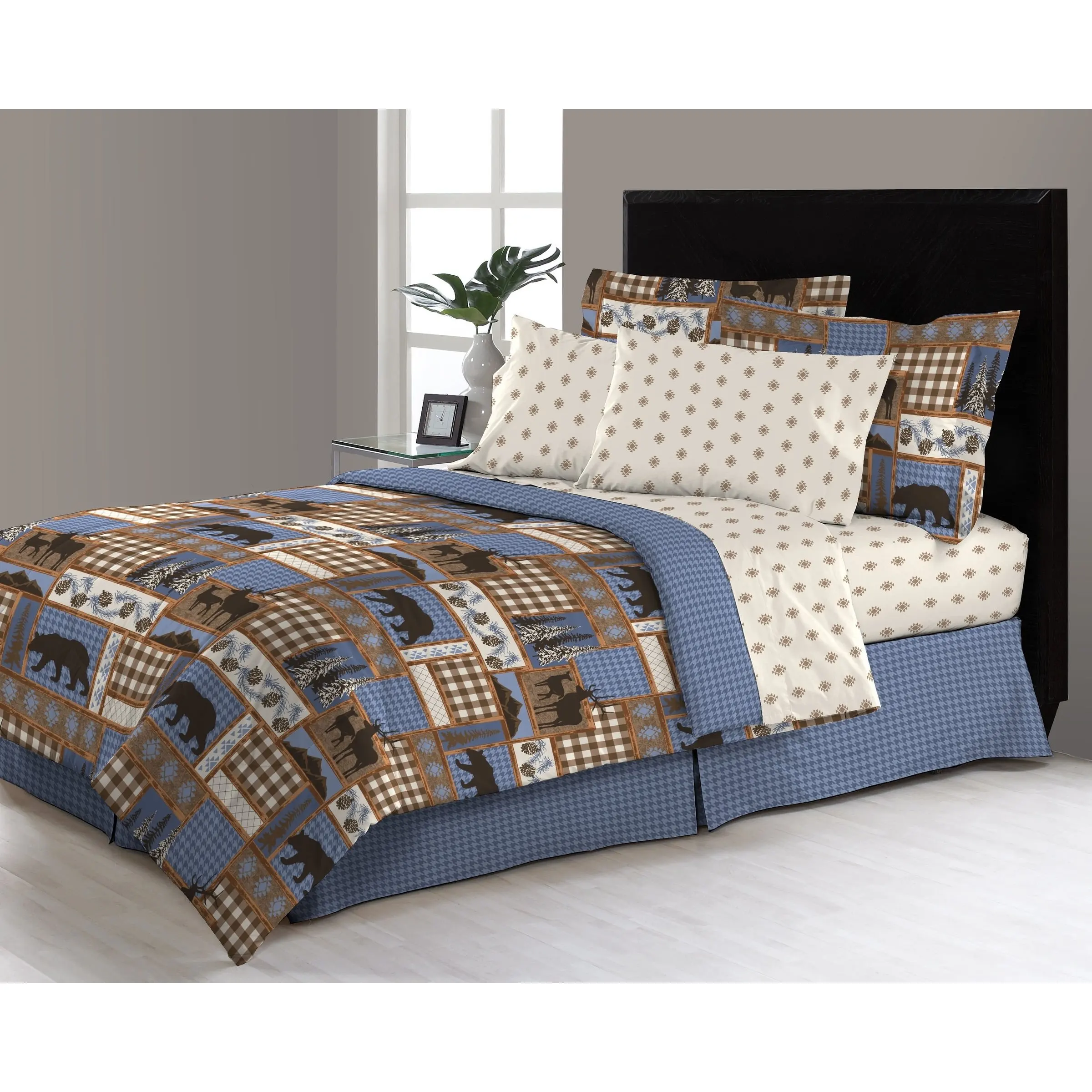 8 Piece Blue Tan Brown Hunting Themed Comforter Queen Set, Deer Bedding Moose Mountains Elk Pine Trees Comb Cabin Themed Lodge Plaid Lumberjack Pattern Wildlife Animals Woods Hunt Game, Microfiber