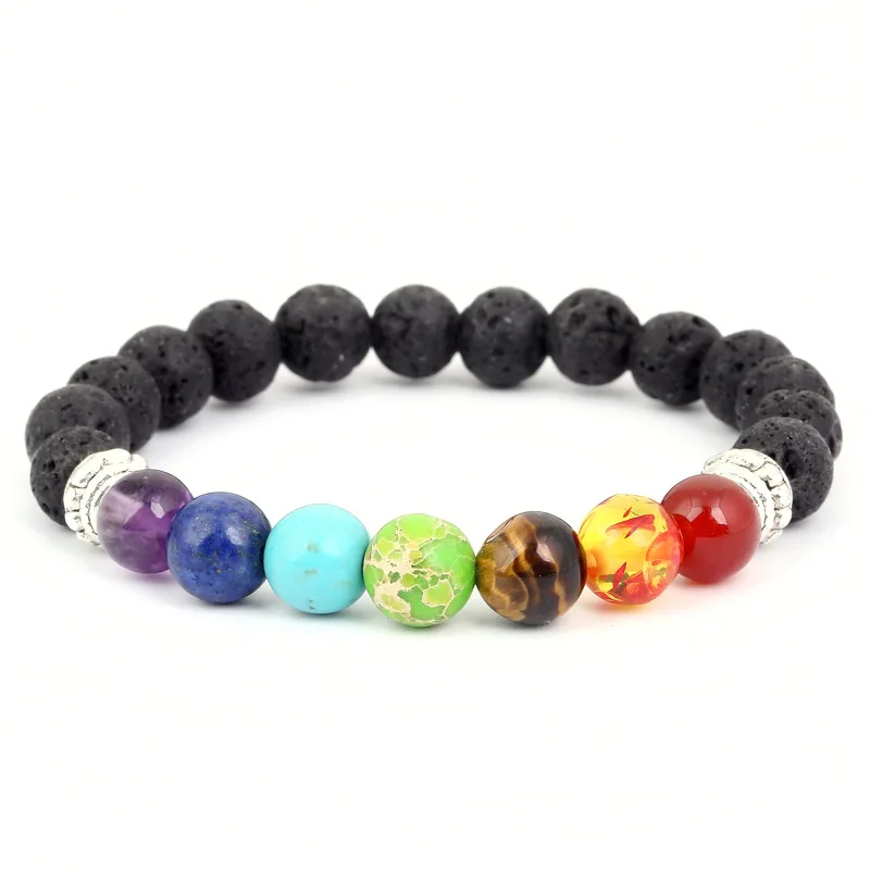

7 CHAKRA Cheap Custom Silicone Adjustable Handmade Natural Stone Bead Bangle Bracelet, Black