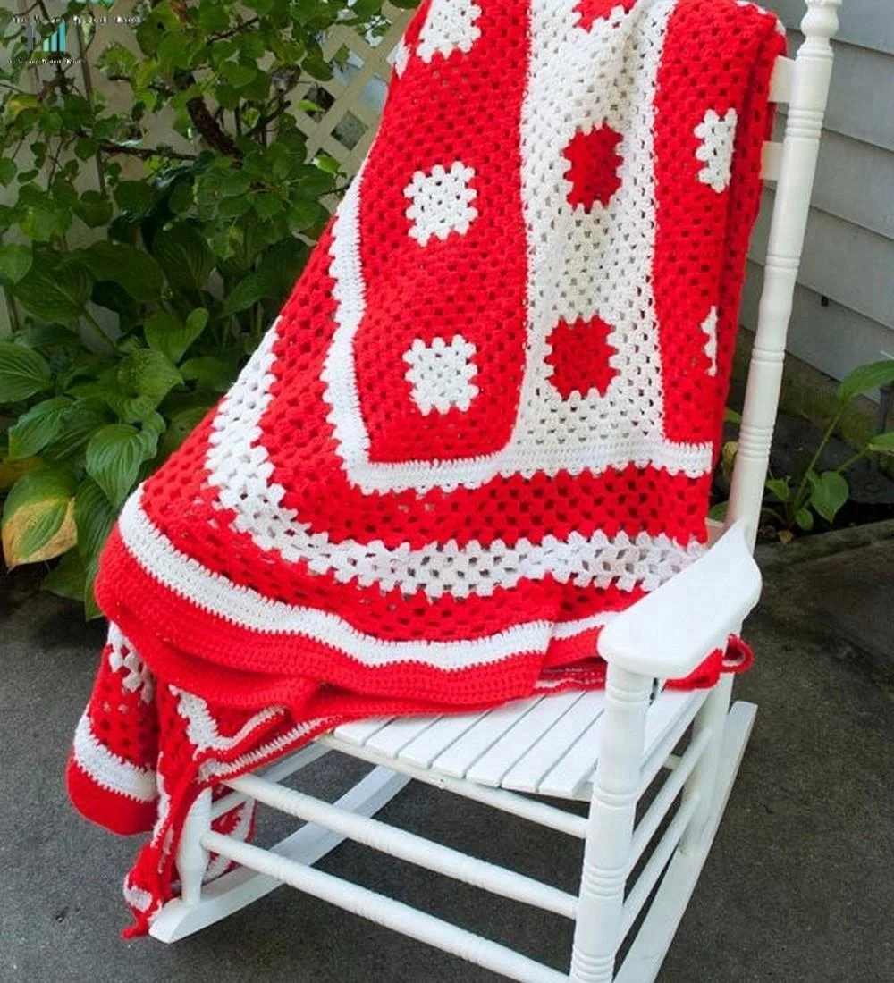 
Vintage Granny Squares Hand Crochet , 86 x 105, Full Size Bed, Red & White Crochet Bedspread 