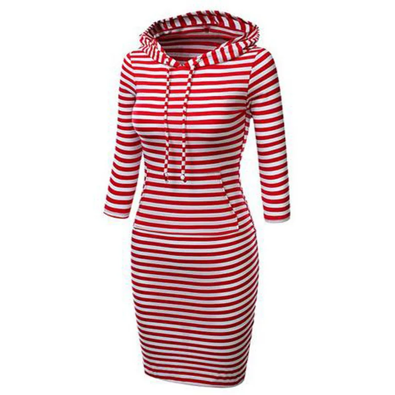 

LDDRESS Women Dress Striped Hoodie with Pockets Long Sleeve Slim Fit Soft Cotton Elasticity Casual Bodycon Pencil Dress, As shown