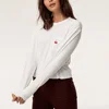 Light Weight Cotton White Top Women Long Sleeve T Shirts Embroidery Cherry Pocket Tee