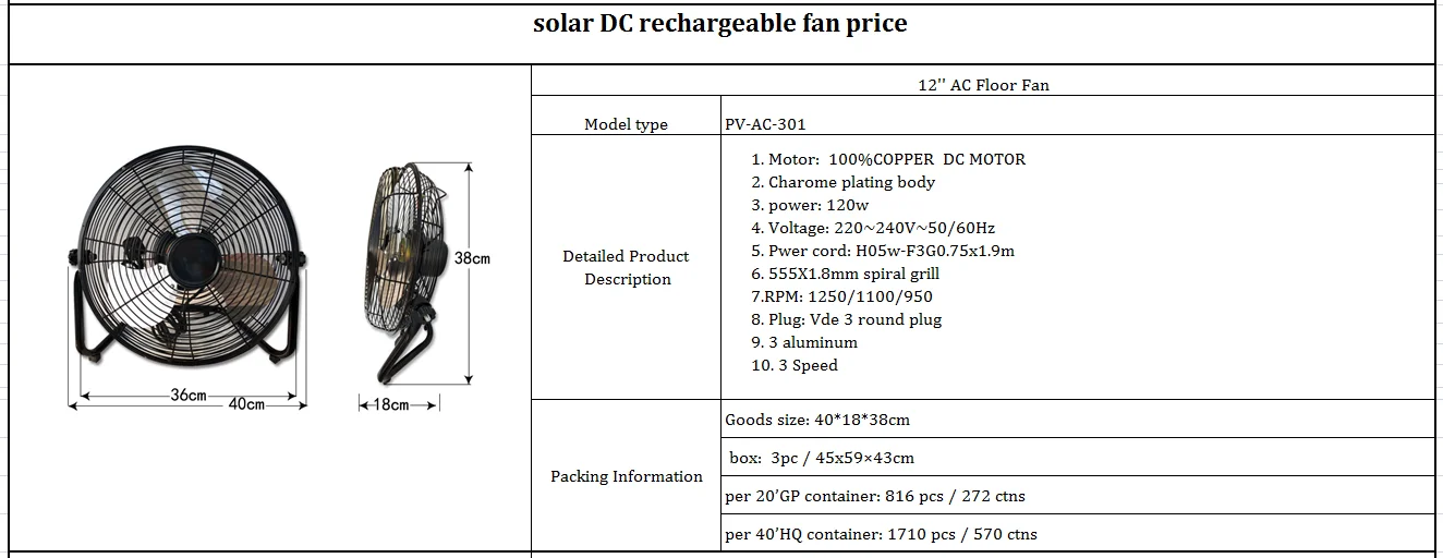 Factory 16" AC DC 12V solar emergency rechargeable fans with light