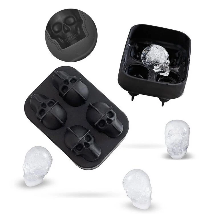 

Wholesale cheap whiskey 4 Cavity Silicone Ice Ball Mold 3D skull ice tray, Black/blue/green/yellow