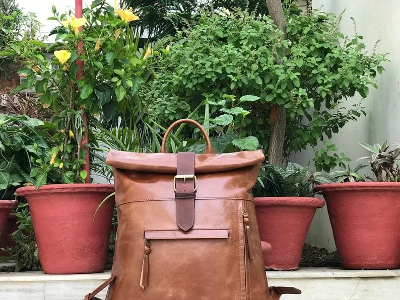 Genuine Tan Leather Roll Top Backpack,Handmade Unisex Trip Bag,Women