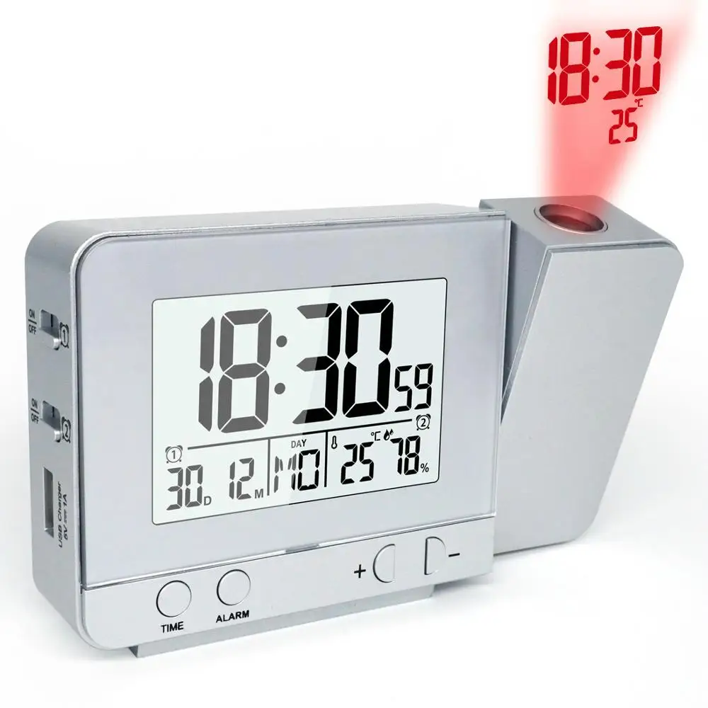 

Projection Alarm Clock Digital Clock with Time and Temperature Projection Indoor Temperature Humidity Dual Alarm Snooze FJ3531, Silver/black