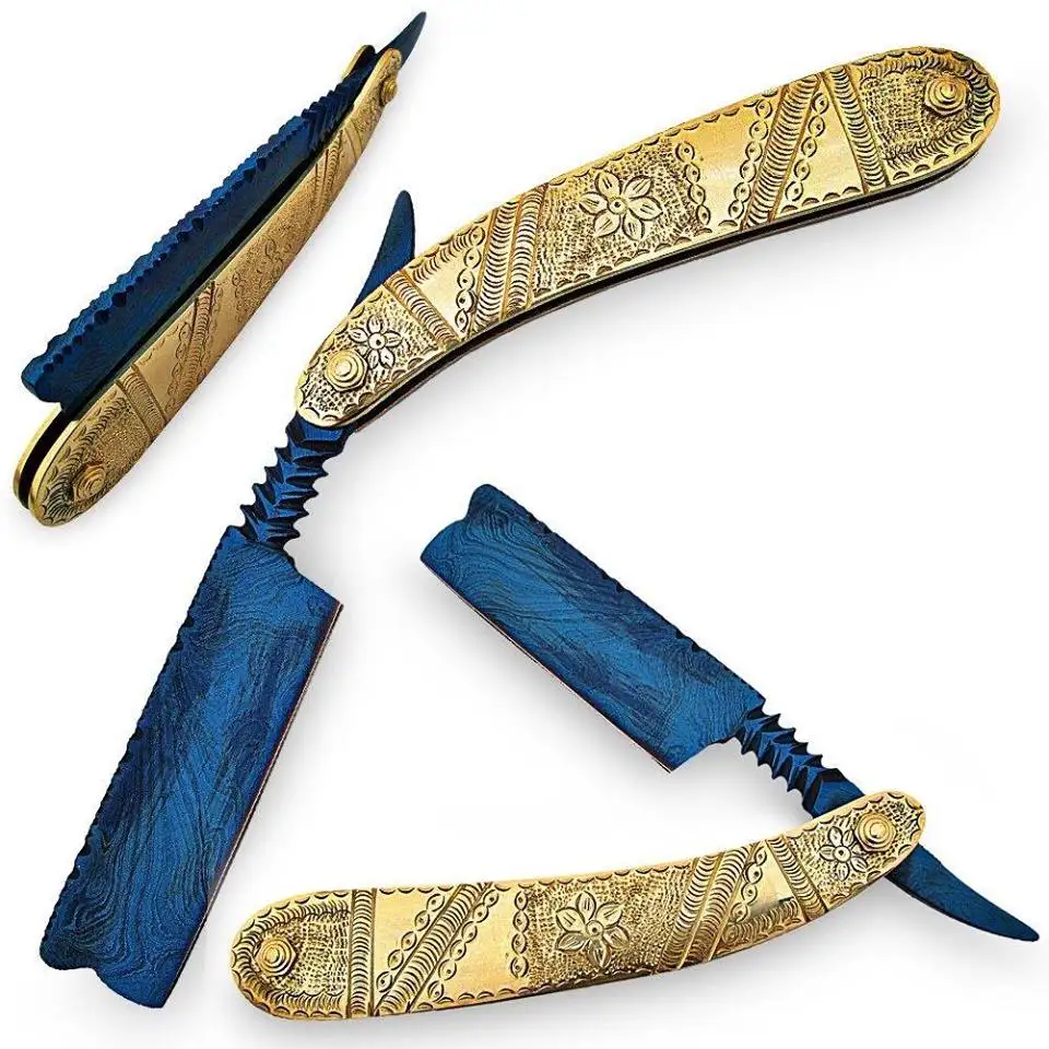 Damascus steel Sharp Straight Razors copper +Blue Anodized.